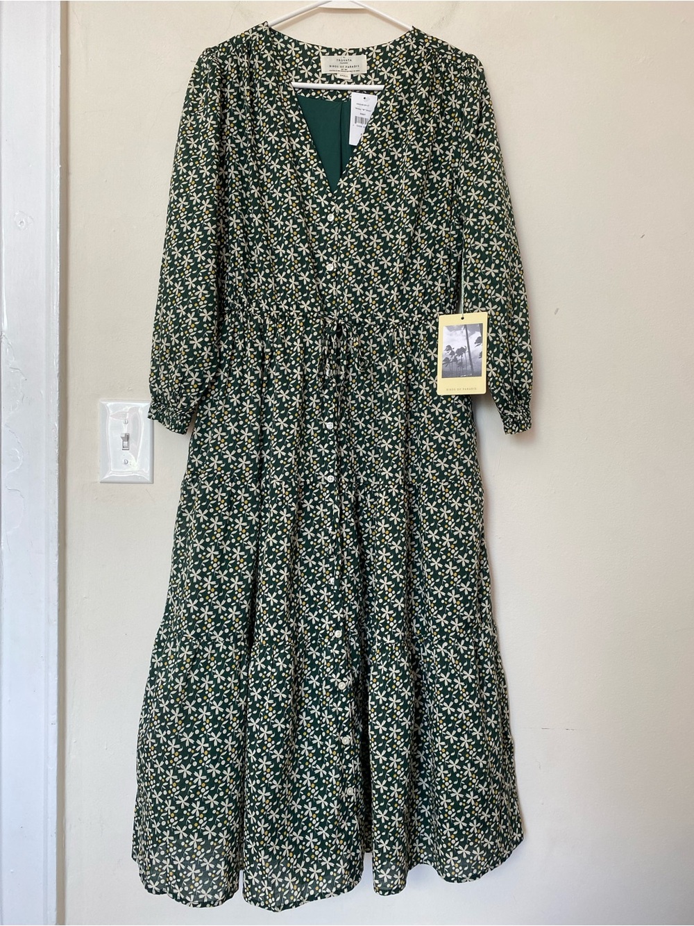 TROVATA NEW Ainsley “B” Midi Dress Cotton Poplin Floral Print Green Sz Small